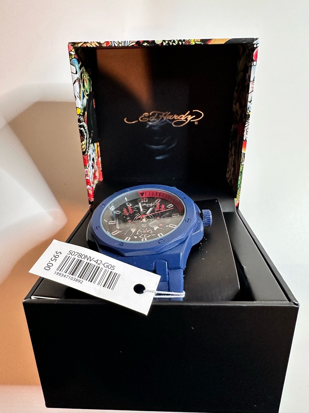 Ed Hardy Blue Silicone Chronograph with Red Accents